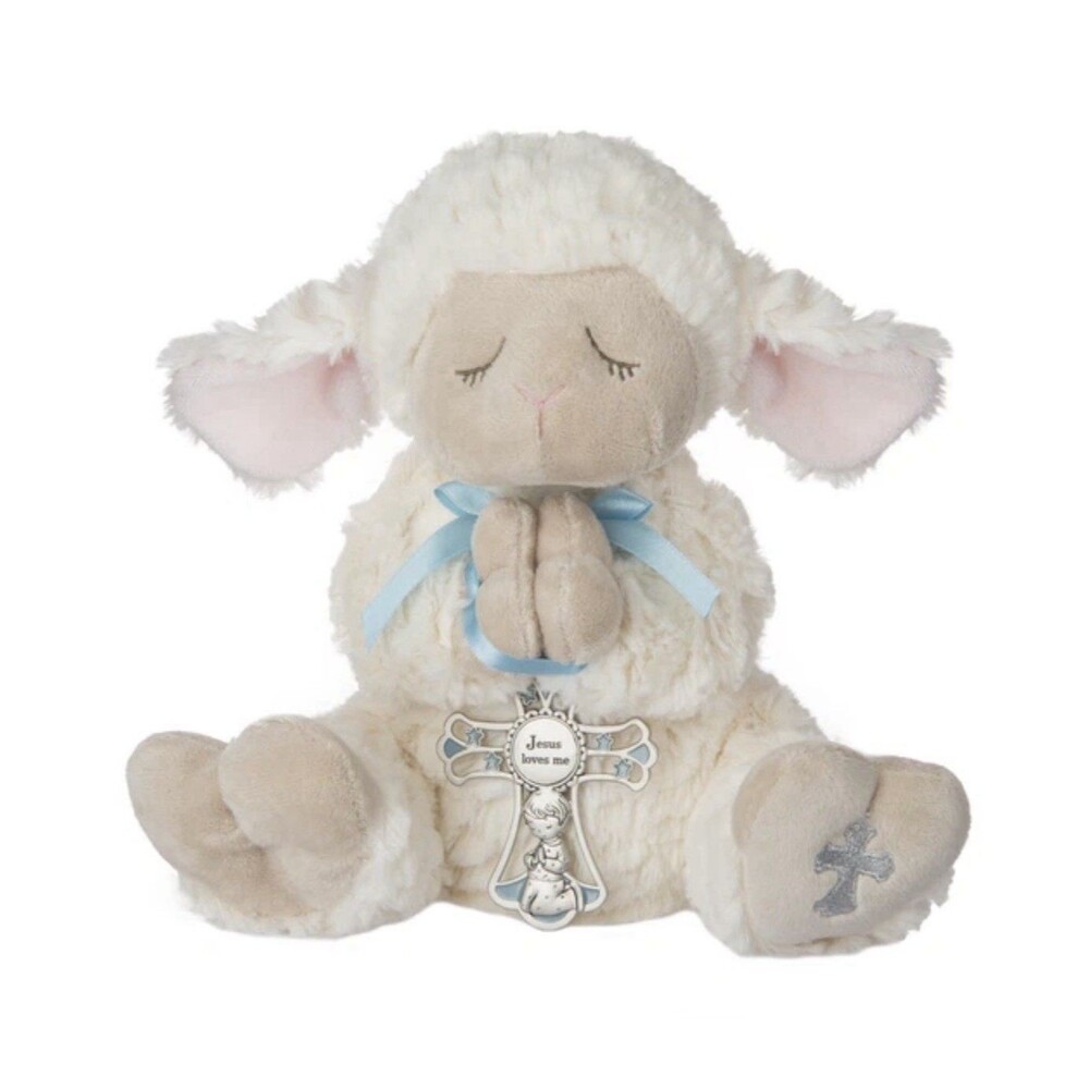 Ganz Serenity Lamb 13" w/Crib Cross Boy Blue Christening Baptism Baby Gift